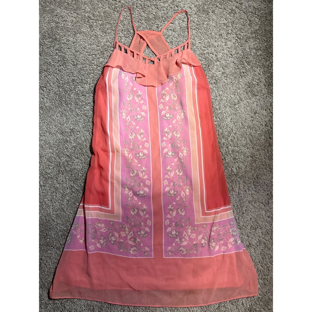 LC Lauren Conrad Girls Coral Pink Floral Chiffon Ruffle Halter Dress Size 4